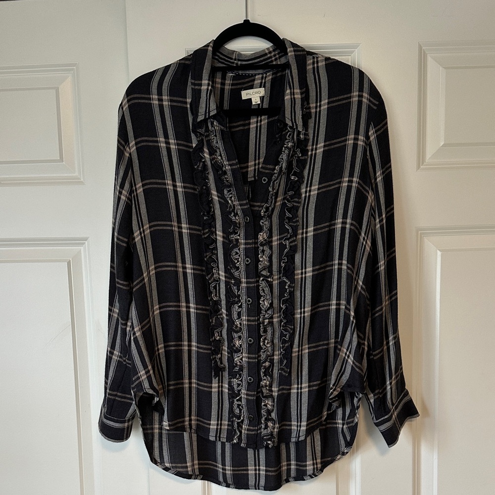 Navy, White, light Pink Plaid Button-Up Shirt